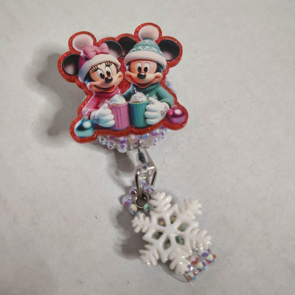 Mickey And Minnie Mouse Snowflake Badge Reel Id Holder Nurse Teacher Gift